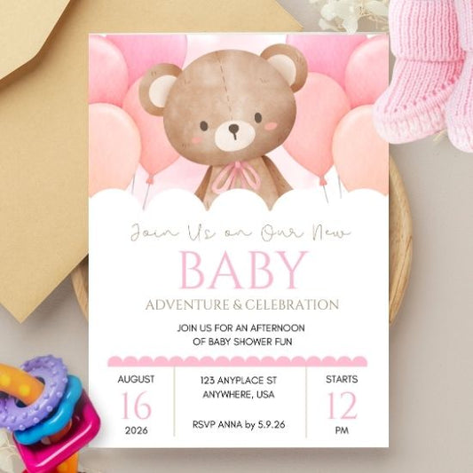 Pink Baby Bear Baby Shower Invitation - Customized (click to customize)