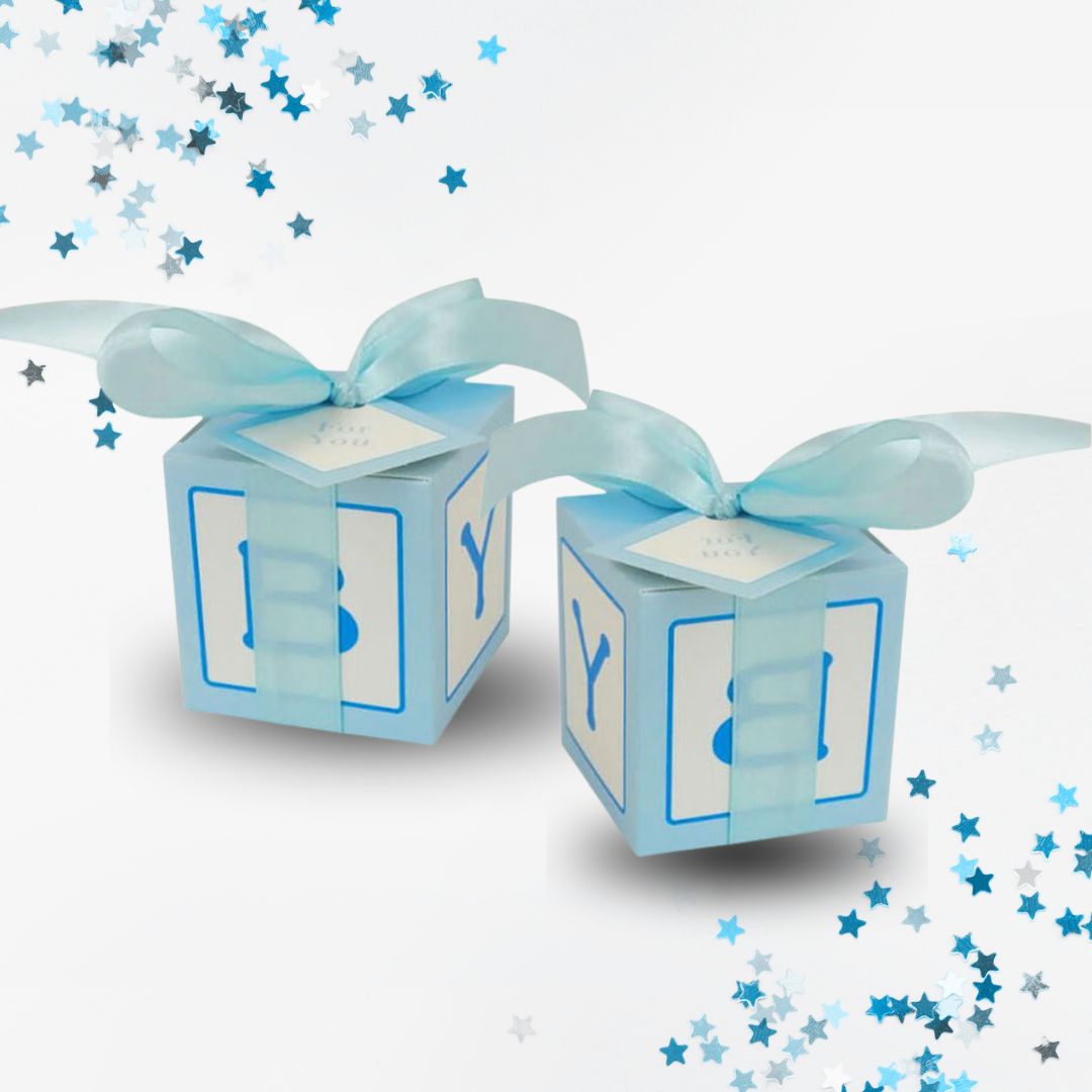 two blue alphabet baby blocks baby shower favor box with blue ribbon shown 2" square