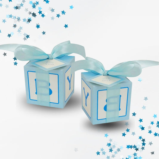 two blue alphabet baby blocks baby shower favor box with blue ribbon shown 2" square