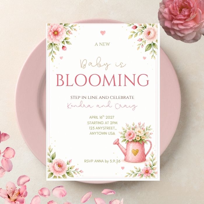 a baby in bloom themed baby shower invitation 5x7" with pink and green florals displayed on a pink plate