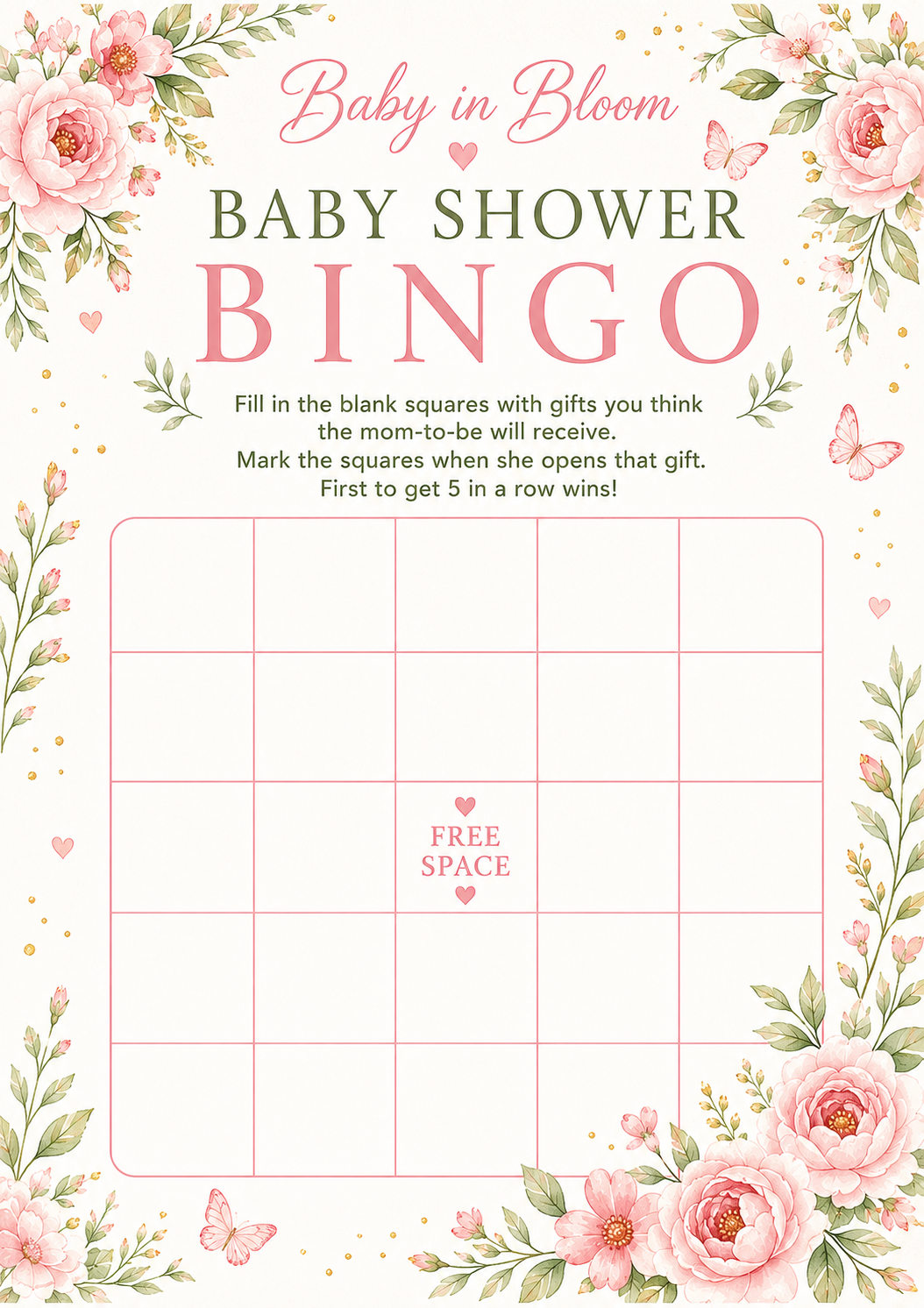 Baby in Bloom Baby Shower Bingo - Floral Themed Baby Shower Game