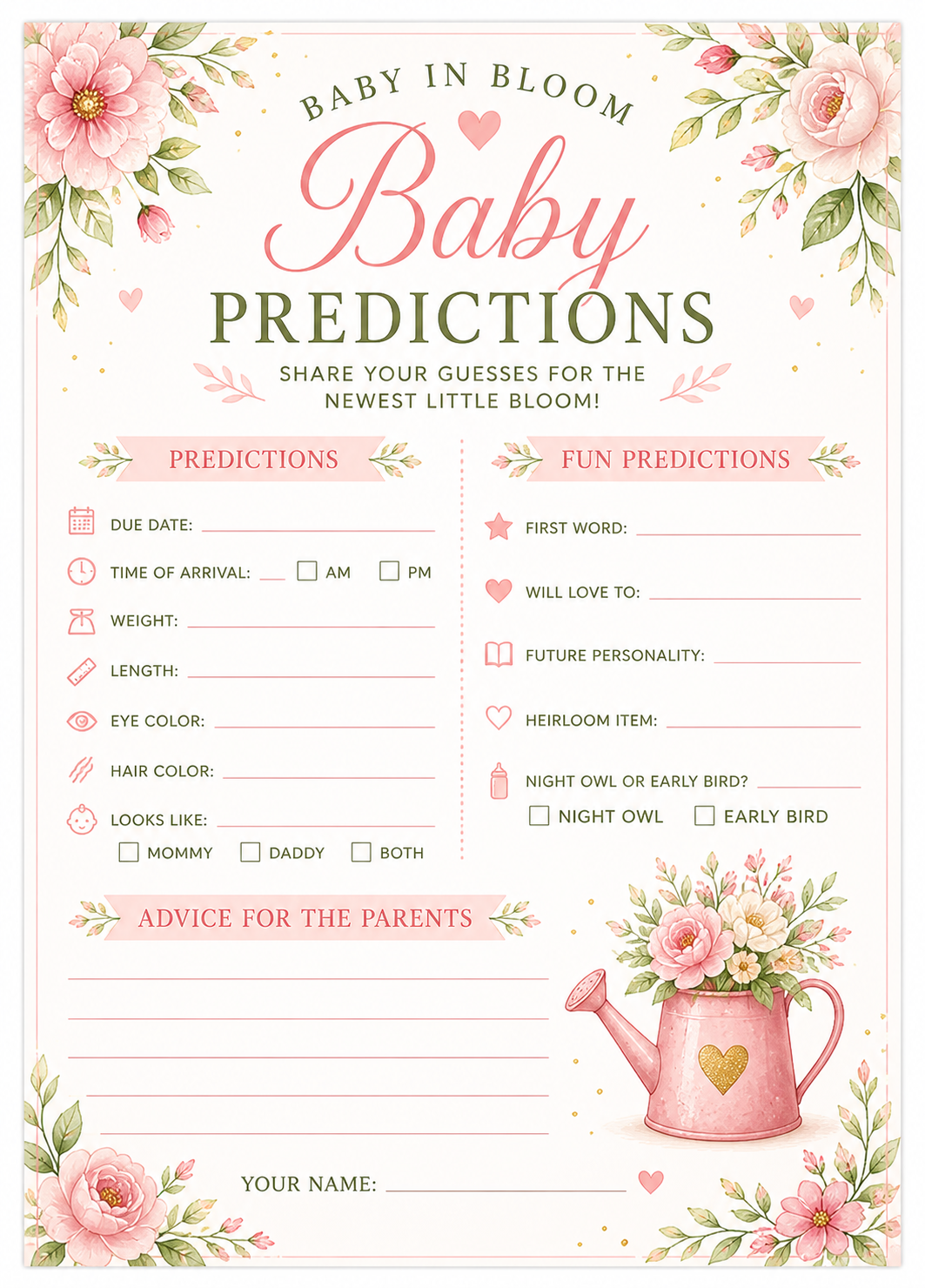 Baby in Bloom Baby Predictions Game - Classic Baby Shower Fun