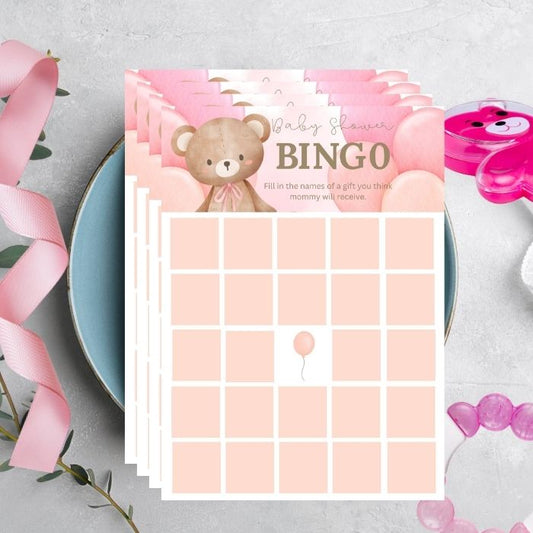 Pink Baby Bear Baby Shower Bingo Game – Set of 25 Cards
