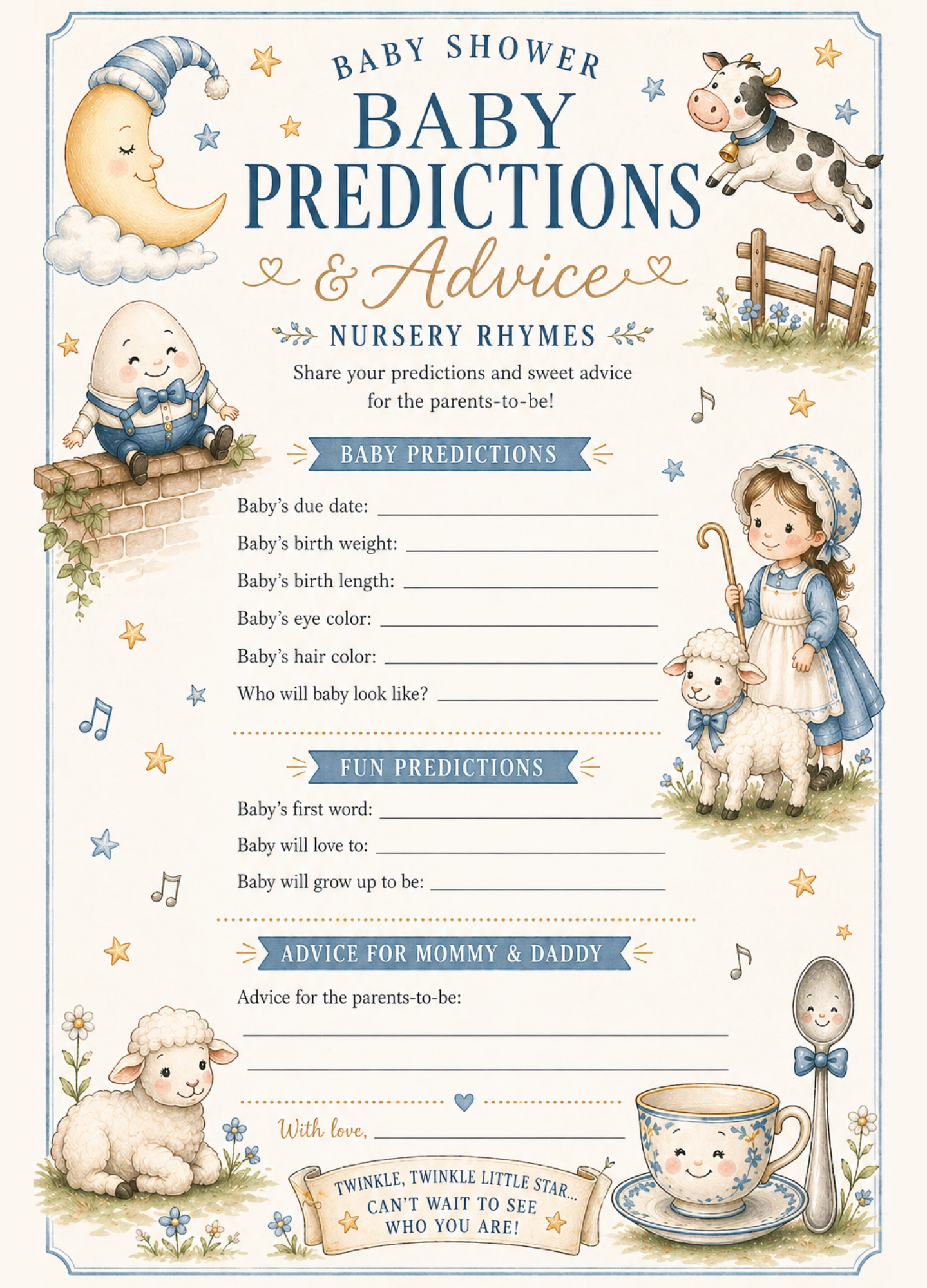 Nursery Rhymes Baby Shower Game Bundle - Set of 5 Games
