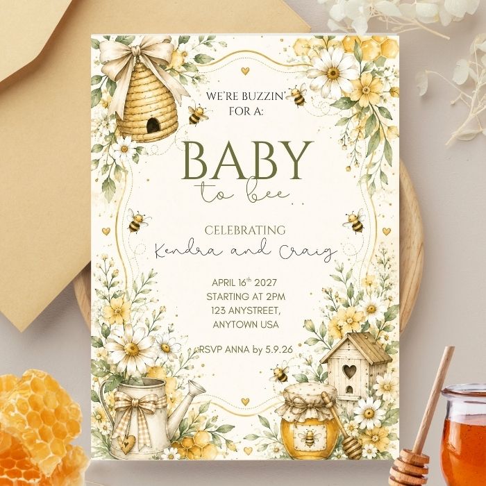 Baby to Bee Baby Shower Invitation – Personalized Bee & Honey Baby Shower Invite, 5x7