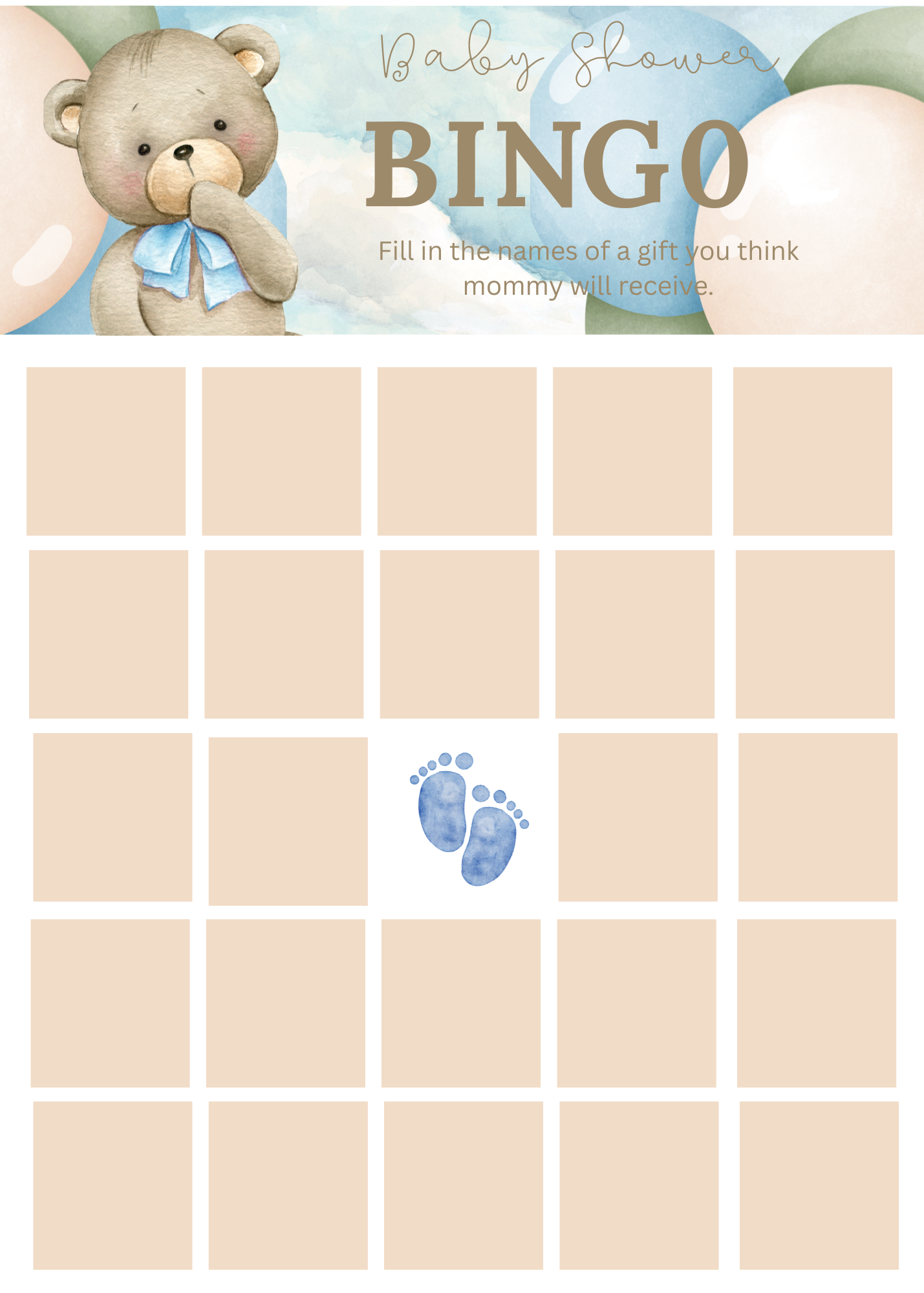 Baby Bear Blue - Baby Shower Bingo Game