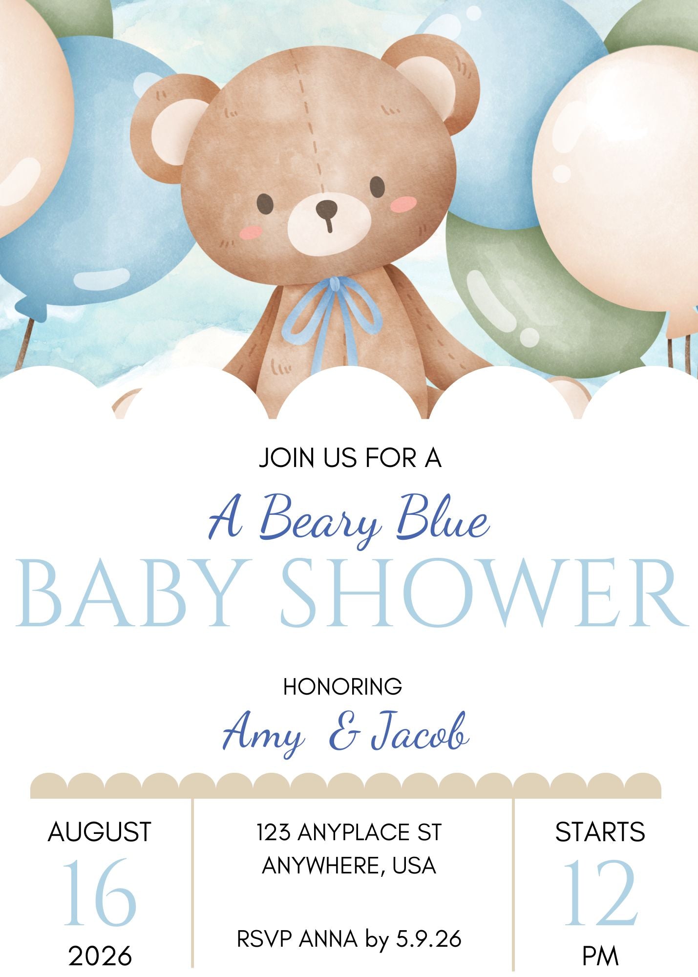 A Beary Blue Baby Shower Invitation - Teddy Bear Themed Shower Invitations 5"x7"