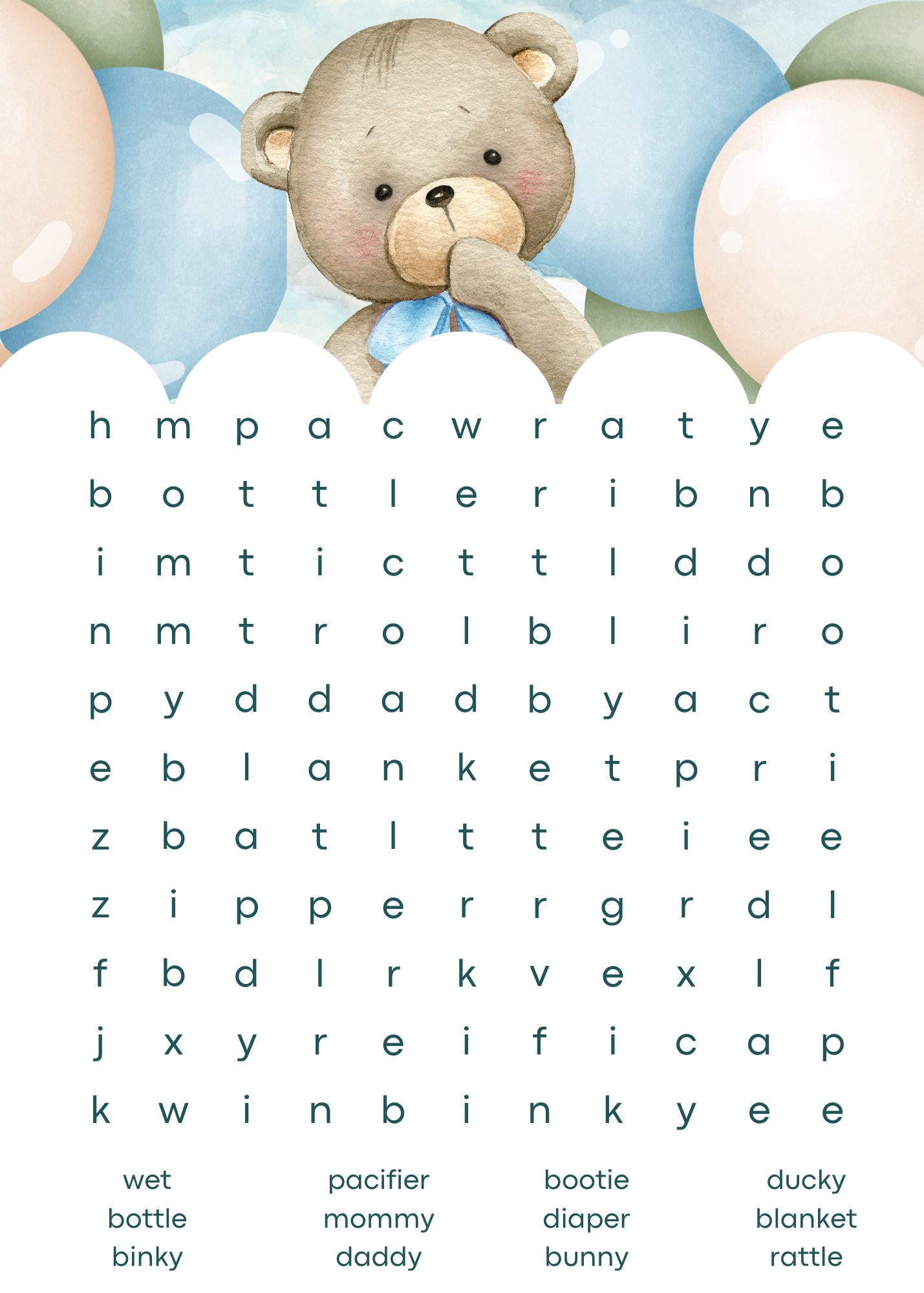 Baby Bear Blue Shower Word Search Game – 20 Printable Game Sheets