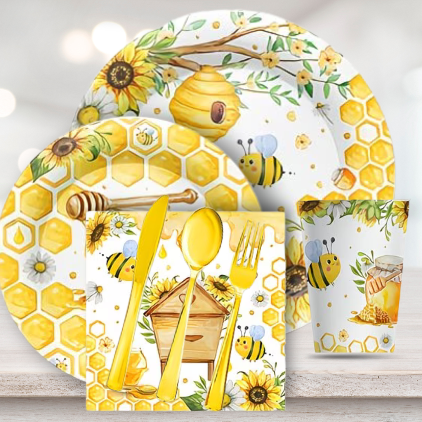 Baby Bee Baby Shower Tableware Set – 168 Piece Party Kit with Gold Cutlery (Serves 24)