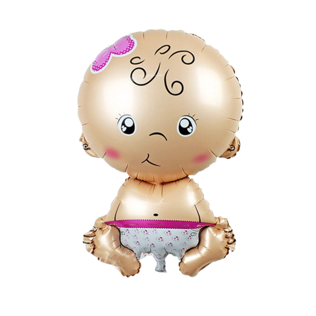 Gold baby-shaped balloon with a face and diaper on a white background