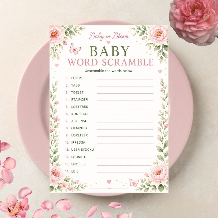 Baby in Bloom Baby Word Scramble | Classic Baby Shower Game