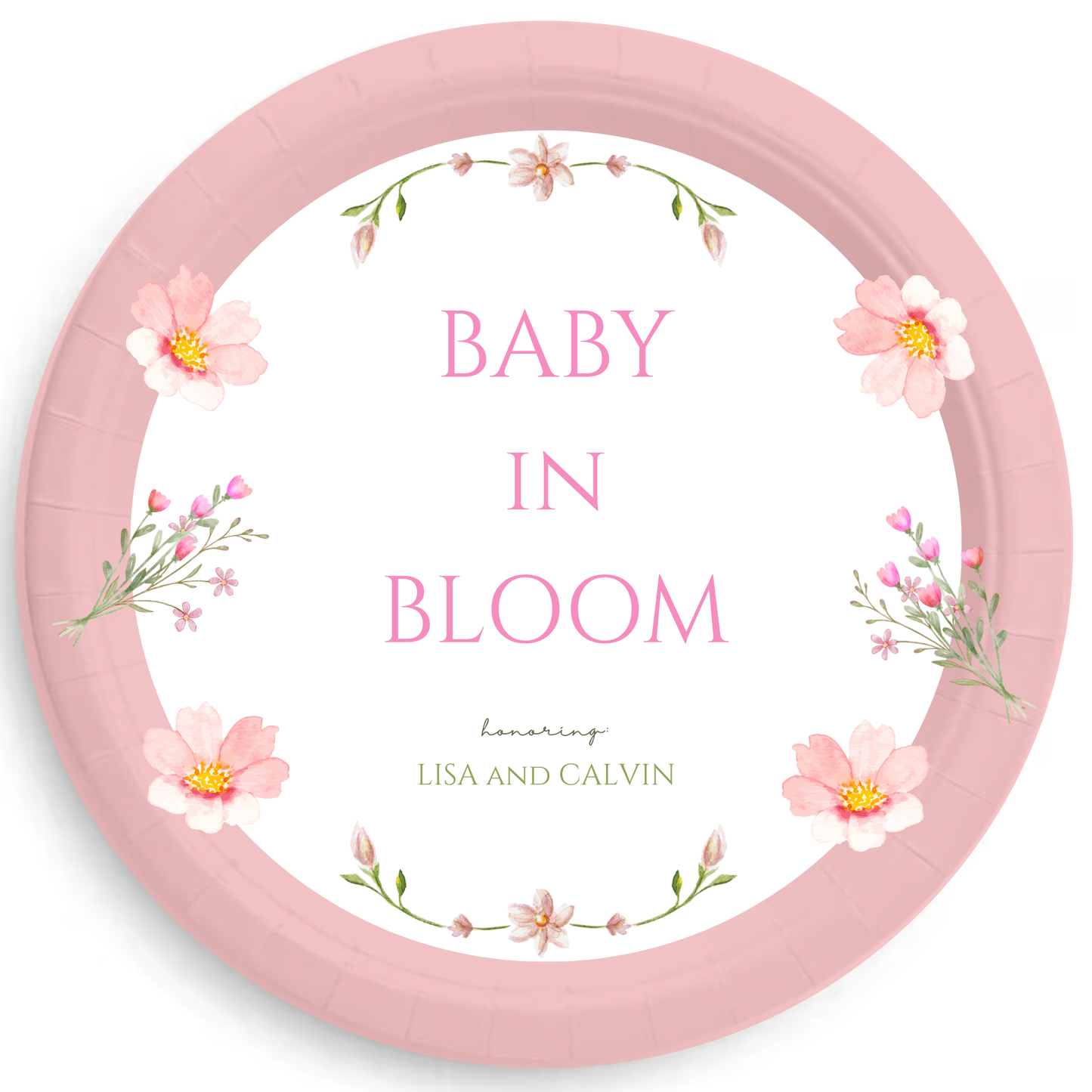 Baby in Bloom Personalized Baby Shower Plates – Pink Floral Baby Shower Party Plates, Garden Theme Tableware, 7" or 9" Set of 8 (2 Styles)