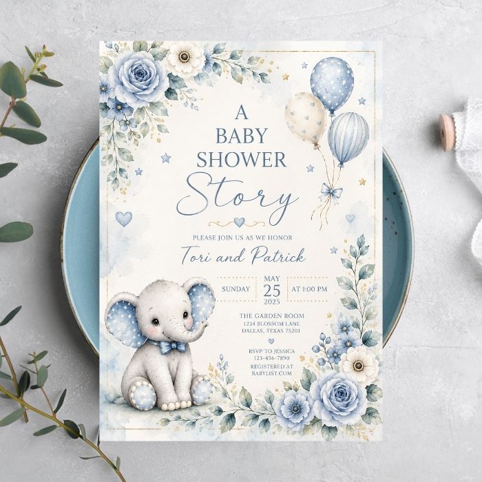 blue baby elephant baby shower invitation on a blue plate