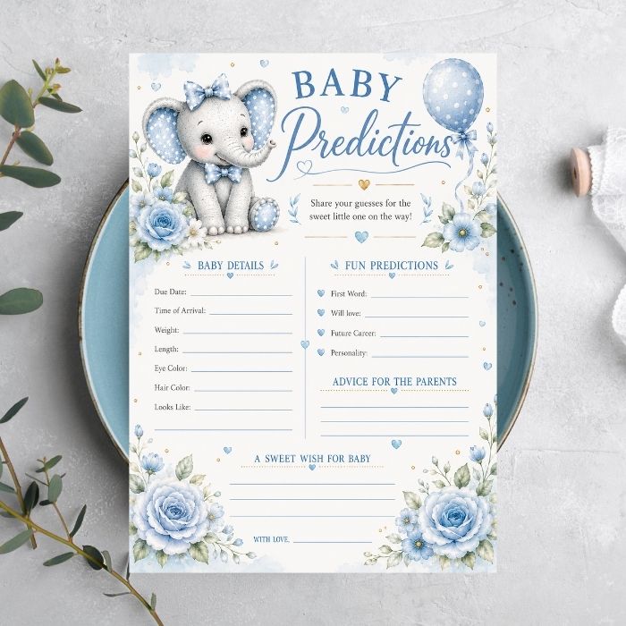 Blue Elephant Baby Predictions Baby Shower Game