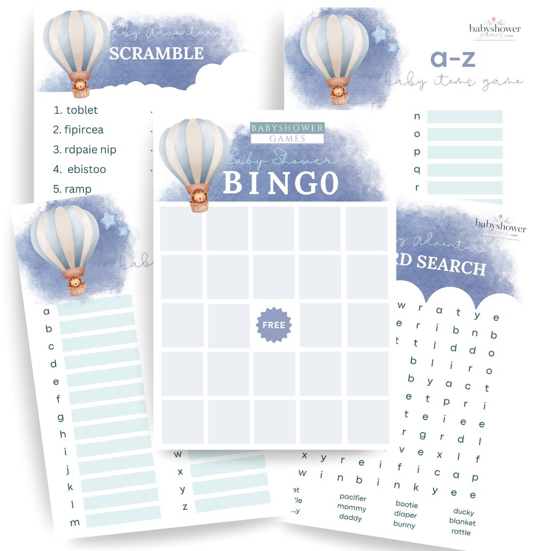 Baby shower game bundle sheets including a bingo card, word scramble, a-z list, word search, and hot air balloon themed headers, arranged on a white background.