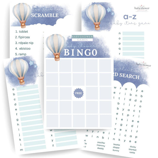 Baby shower game bundle sheets including a bingo card, word scramble, a-z list, word search, and hot air balloon themed headers, arranged on a white background.