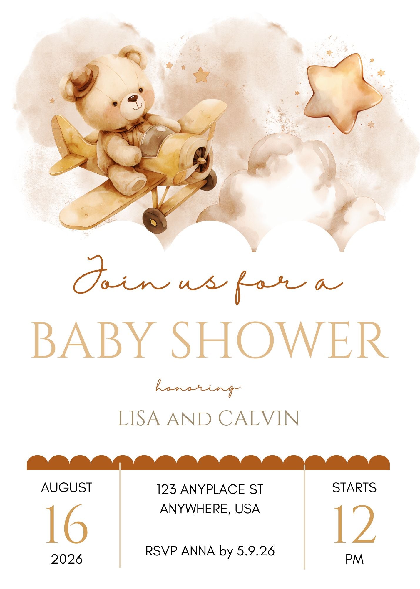 Boho Brown Bear Baby Shower Invitation