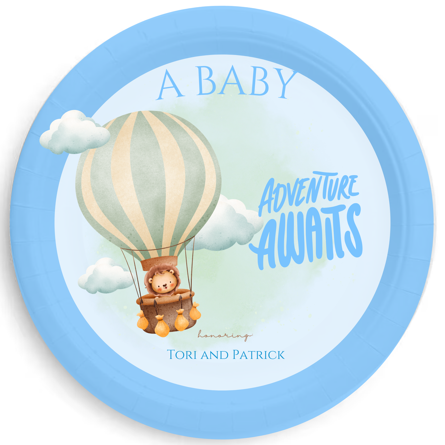 Baby Shower Adventure Balloon Theme Personalized Baby Shower Plates – Hot Air Balloon Baby Animals Party Plates, 7" or 9", Set of 8 (4 Colors)