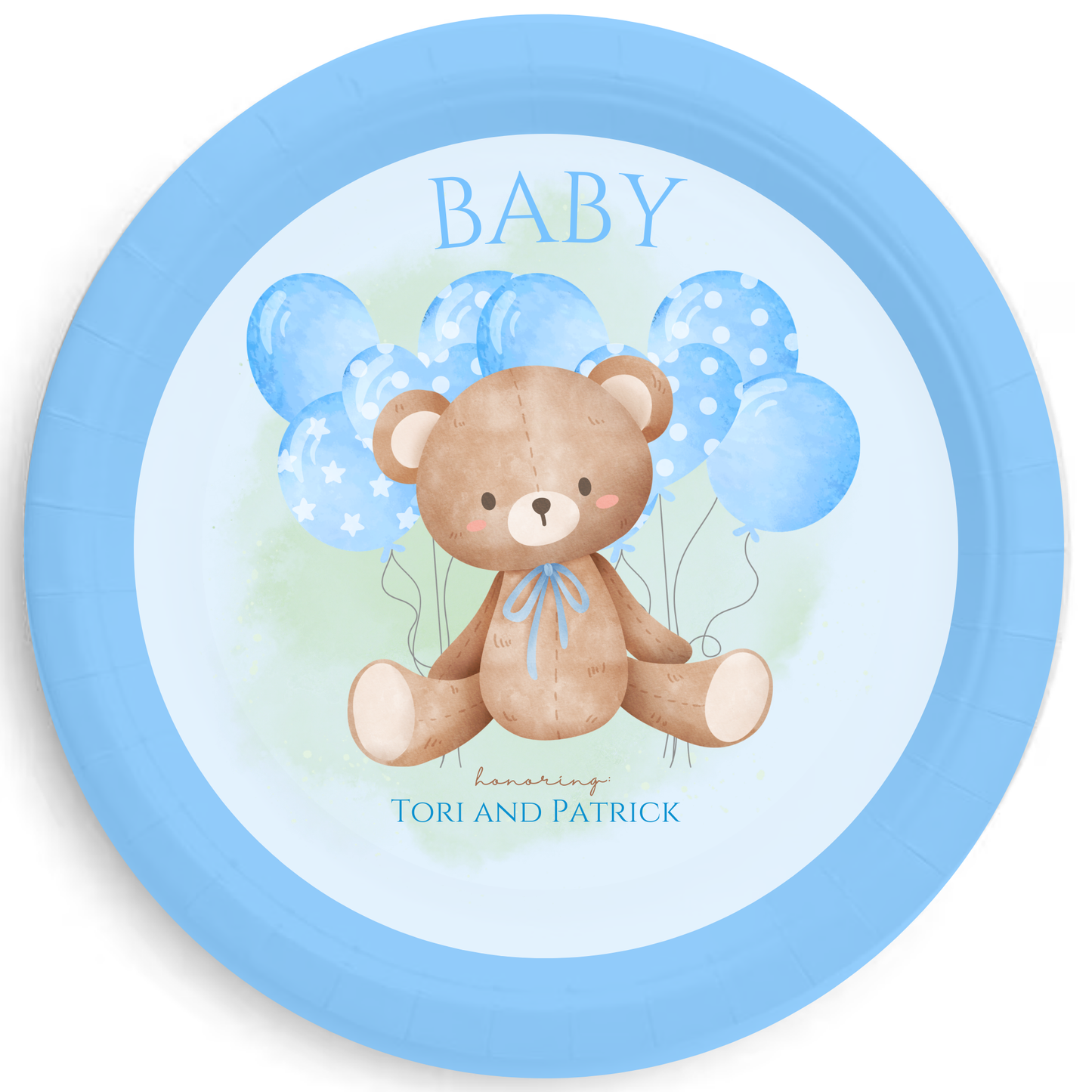 Blue Baby Bear Balloon Party Plates – Teddy Bear Baby Shower Plates, Blue Balloon Bear Party Tableware, 7" or 9" Paper Plates (set of 8)