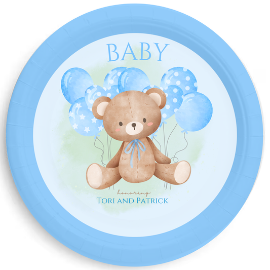Blue Baby Bear Balloon Party Plates – Teddy Bear Baby Shower Plates, Blue Balloon Bear Party Tableware, 7" or 9" Paper Plates (set of 8)