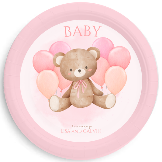 Beary Pink Personalized Baby Shower Plates – Cute Bear & Pink Balloon Party Plates, Teddy Bear Baby Shower Tableware, 7" or 9" Set of 8