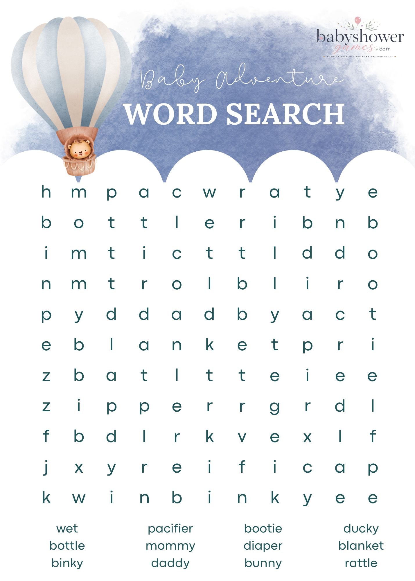 A baby shower word search printed game 'Baby Adventure Word Search' with a watercolor hot air balloon illustration in the top left and a grid of words on a white background.