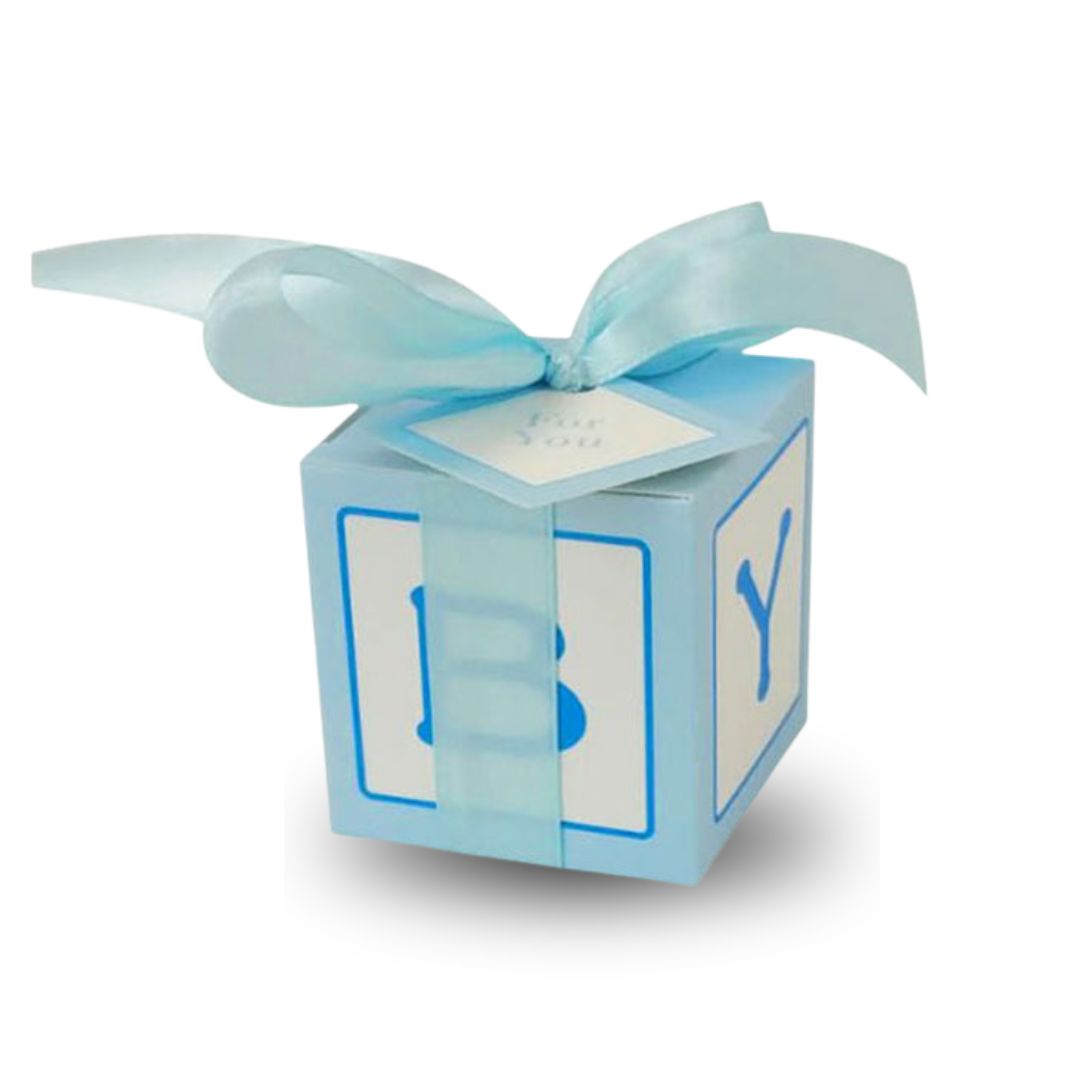 Blue baby block with a bow on a white background