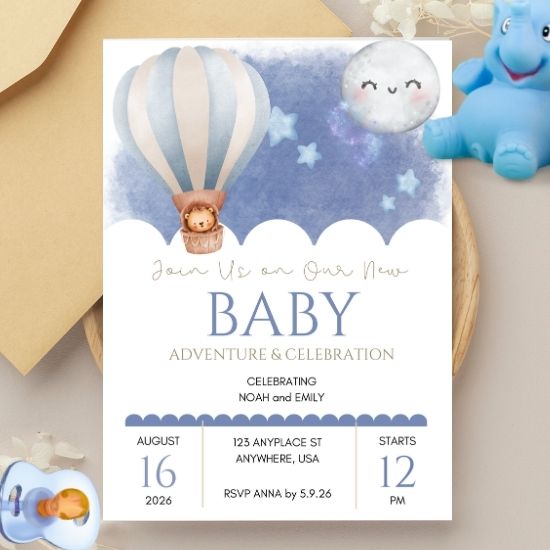 Baby Shower Adventures Boy Blue Baby Shower Invitation - Customized
