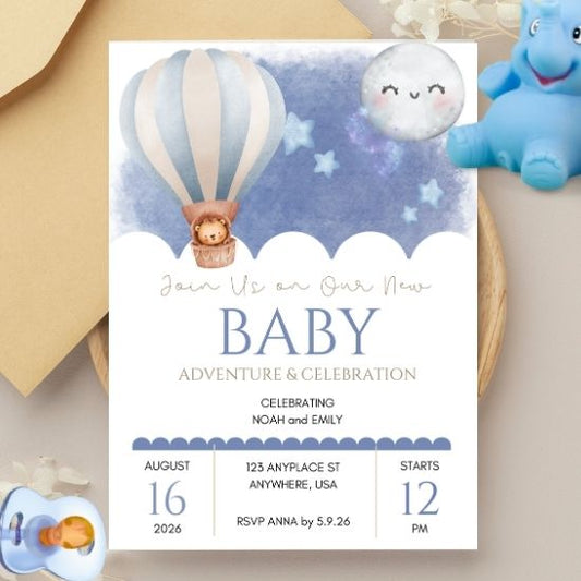 Baby Shower Adventures Boy Blue Baby Shower Invitation - Customized
