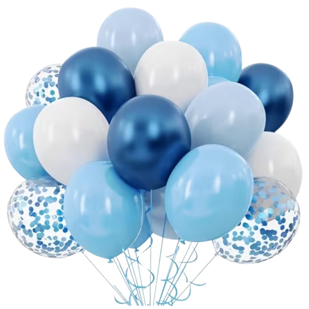 Bouquet of blue, white, and light blue balloons with confetti on a white background