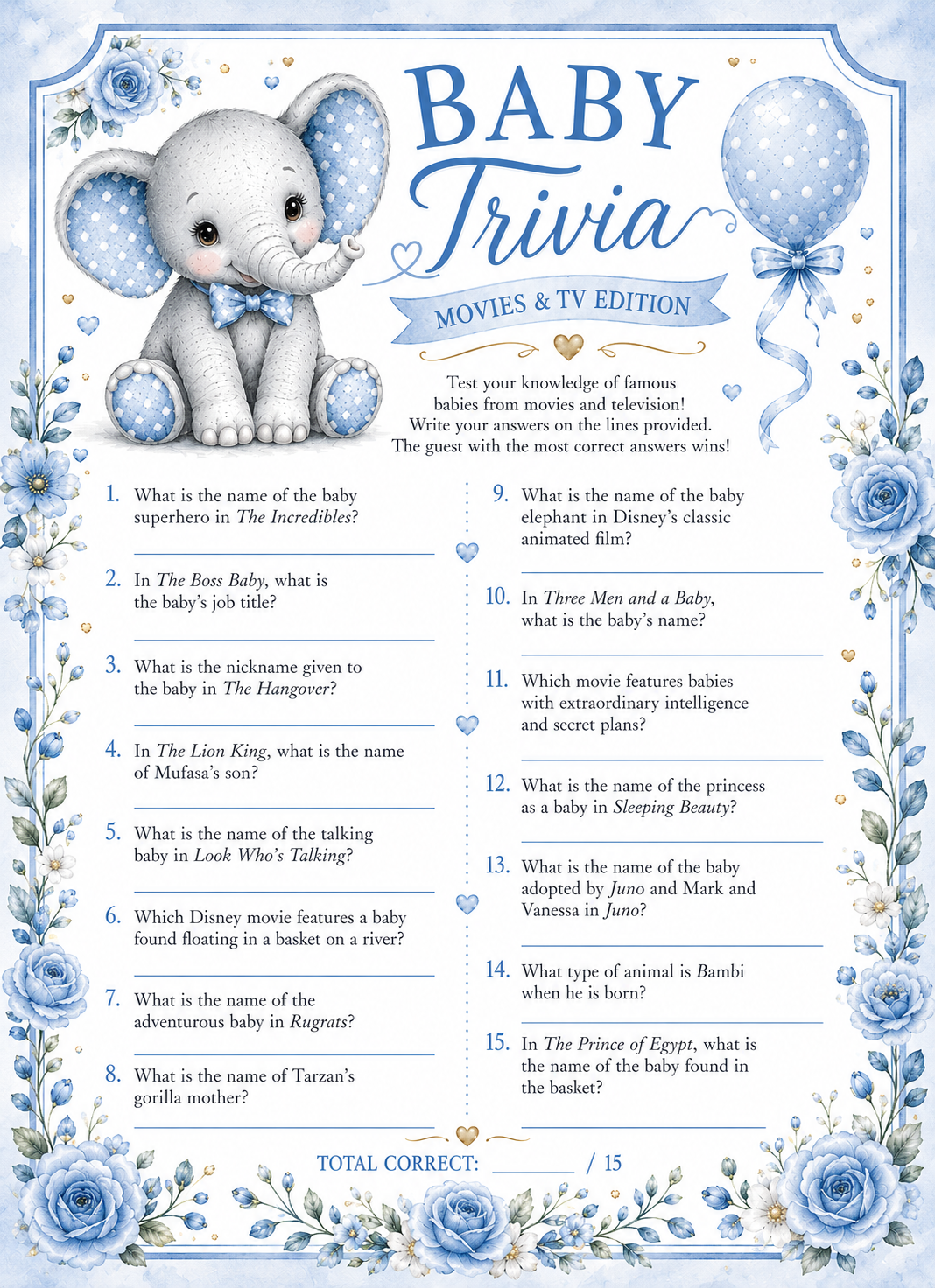 Baby trivia game with elephant illustration and decorative elements
