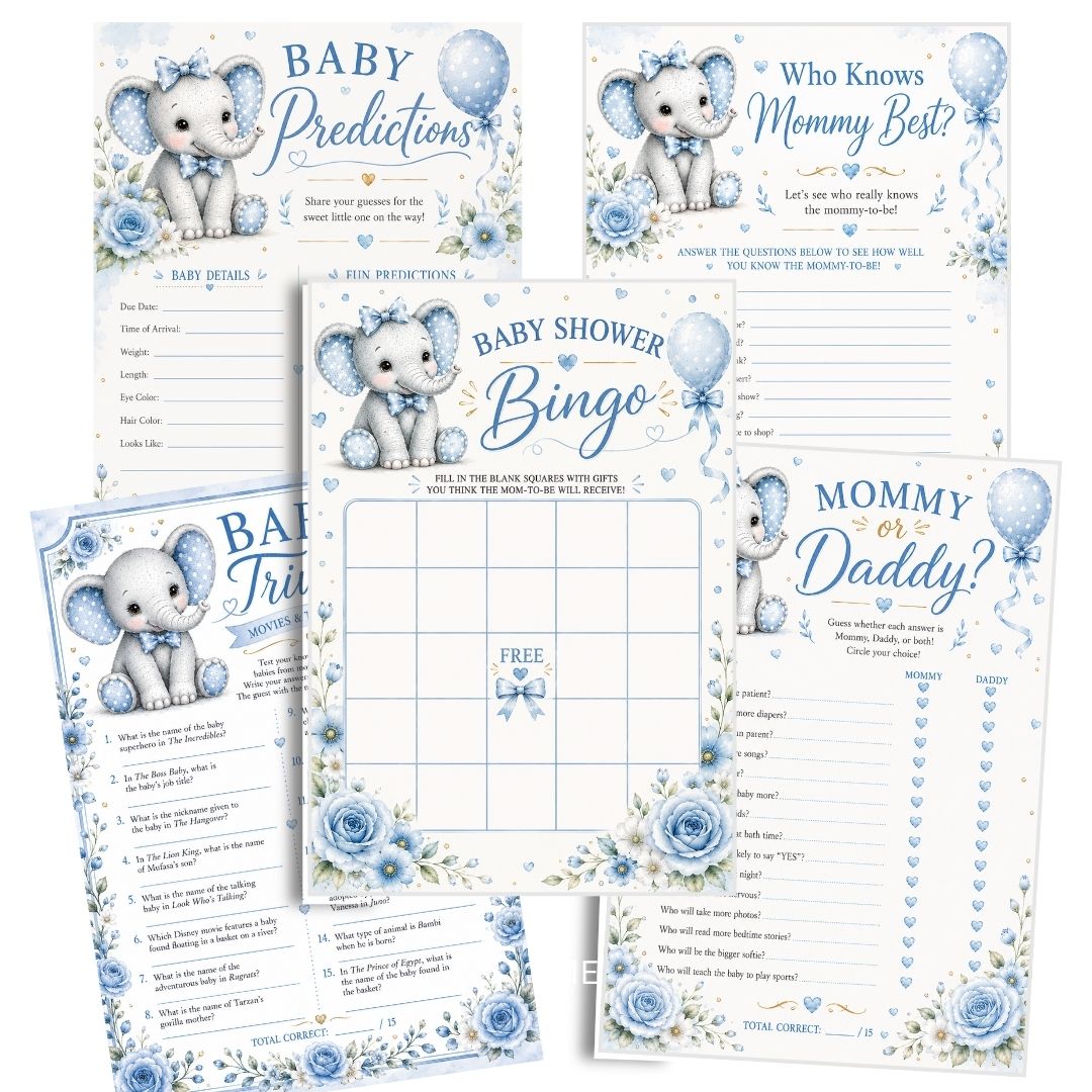 Set of five baby shower games with blue elephant design on a white background and blue  floral accents
