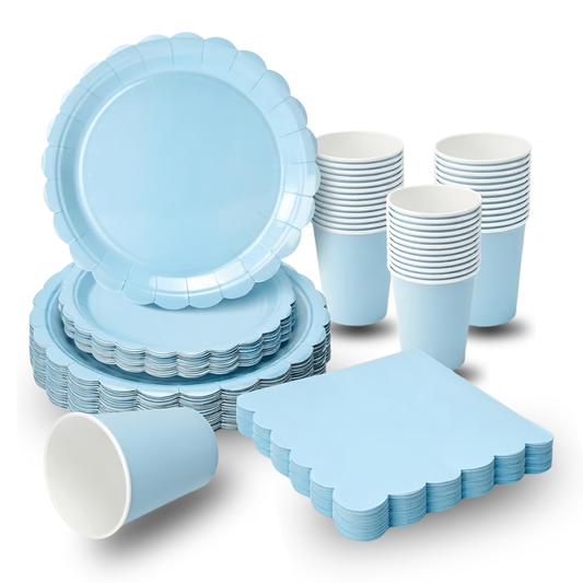 100-Piece Scalloped Baby Shower Tableware Set – Party Plates, Cups & Napkins for 24 Guests in Blue