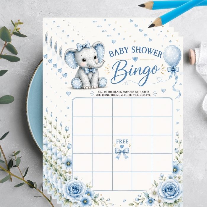 Baby Elephant Baby Shower Bingo Game | Blue Elelphant Themed Baby Shower Game