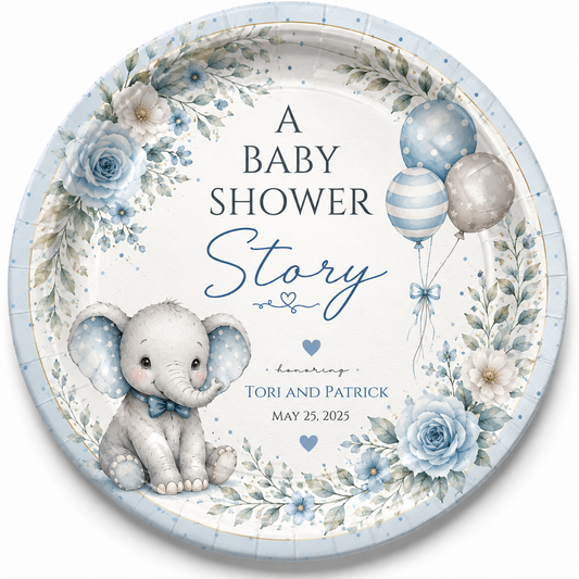 Personalized Baby Elephant Baby Shower Plates – Blue Elephant Party Plates, Custom 7" or 9" Baby Boy Shower Tableware