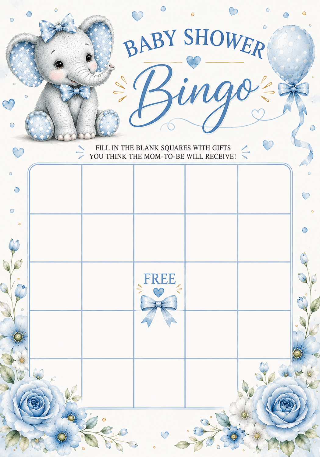 Baby Elephant Baby Shower Bingo Game | Blue Elelphant Themed Baby Shower Game