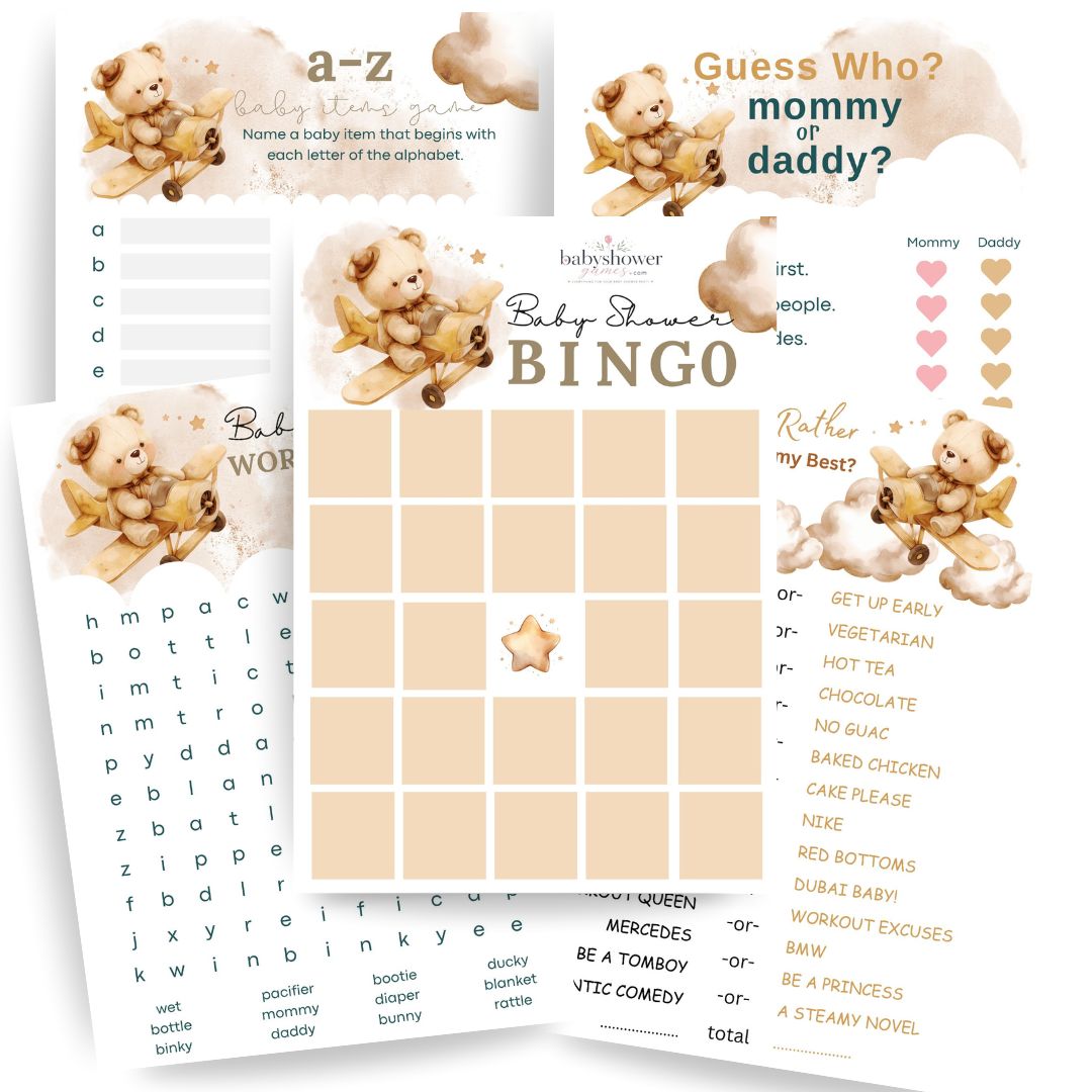 bundle of 5 printed baby shower games on 5x7 cards featuring a brown bohemian style bear in a wooden airplane