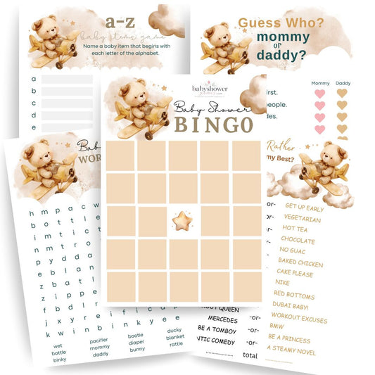 bundle of 5 printed baby shower games on 5x7 cards featuring a brown bohemian style bear in a wooden airplane