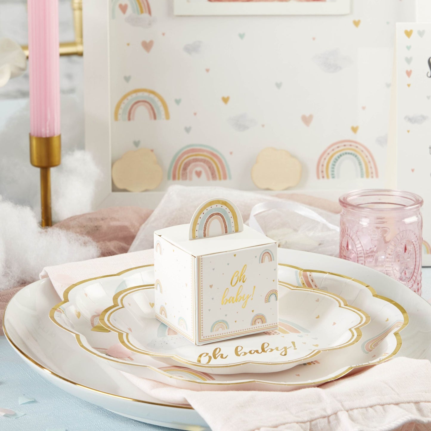 boho baby shower favor box shown on matching dinner and dessert plate
