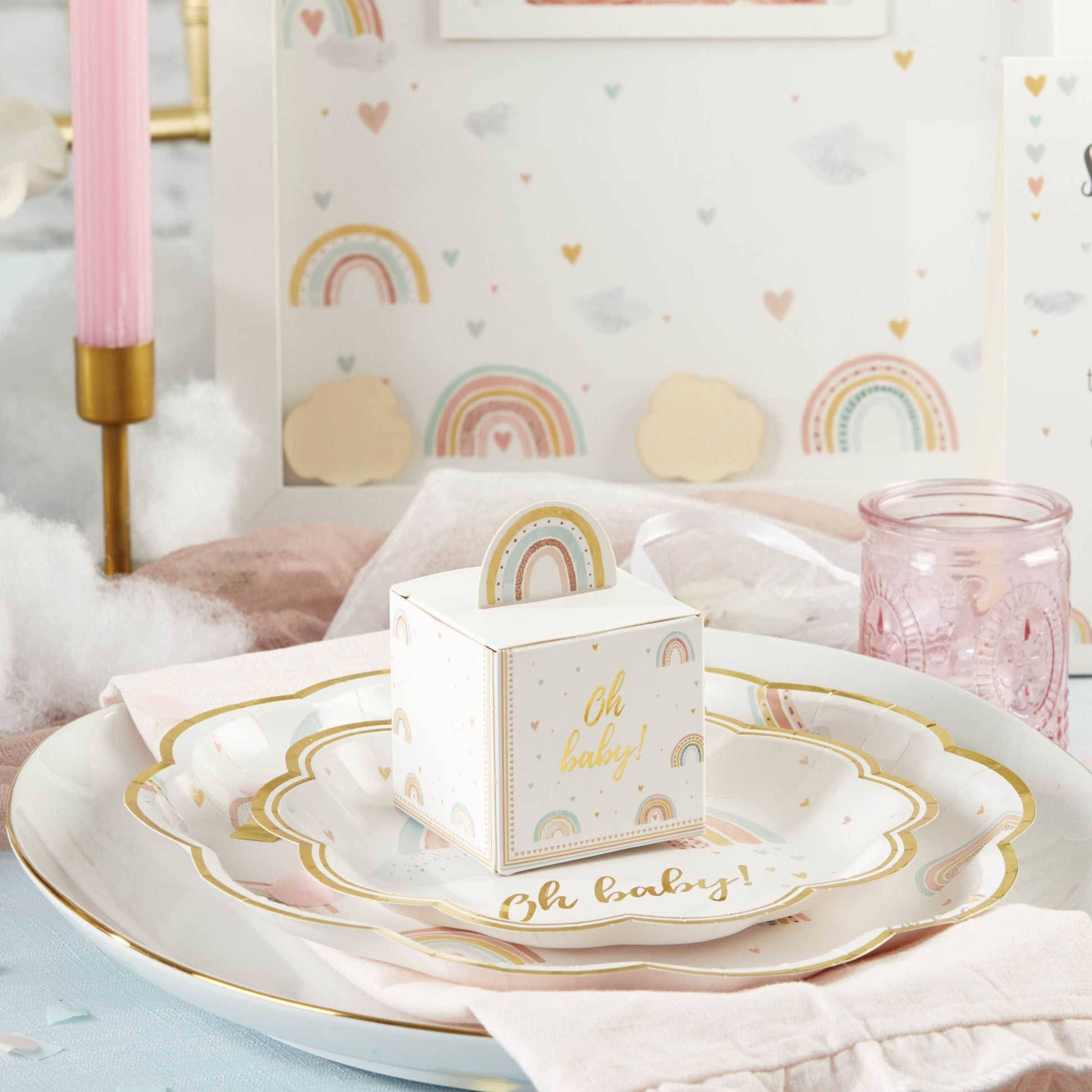 boho baby shower favor box shown on matching dinner and dessert plate
