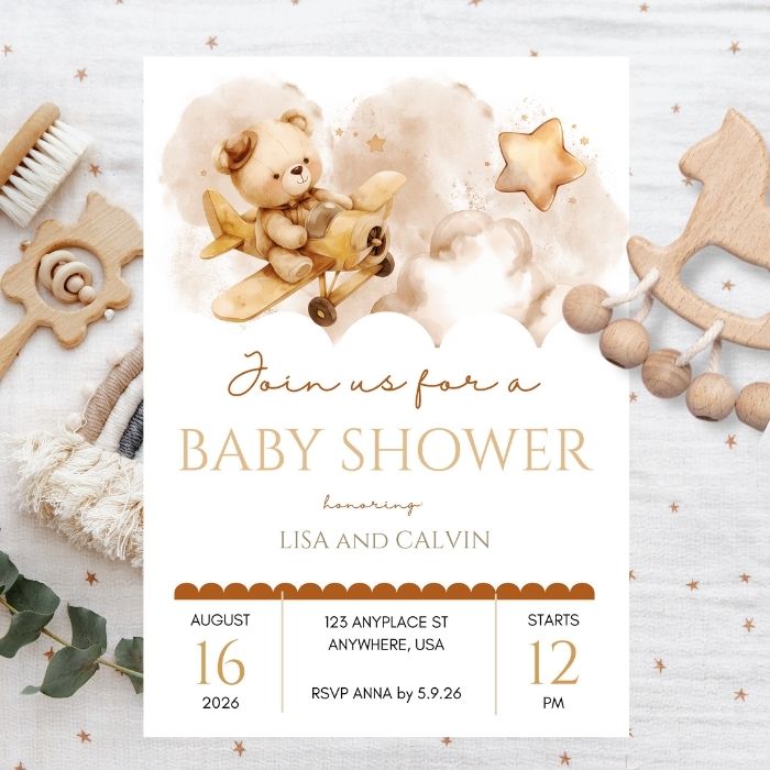 Boho Brown Bear Baby Shower Invitation