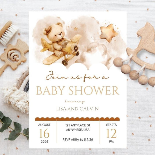 Boho Brown Bear Baby Shower Invitation