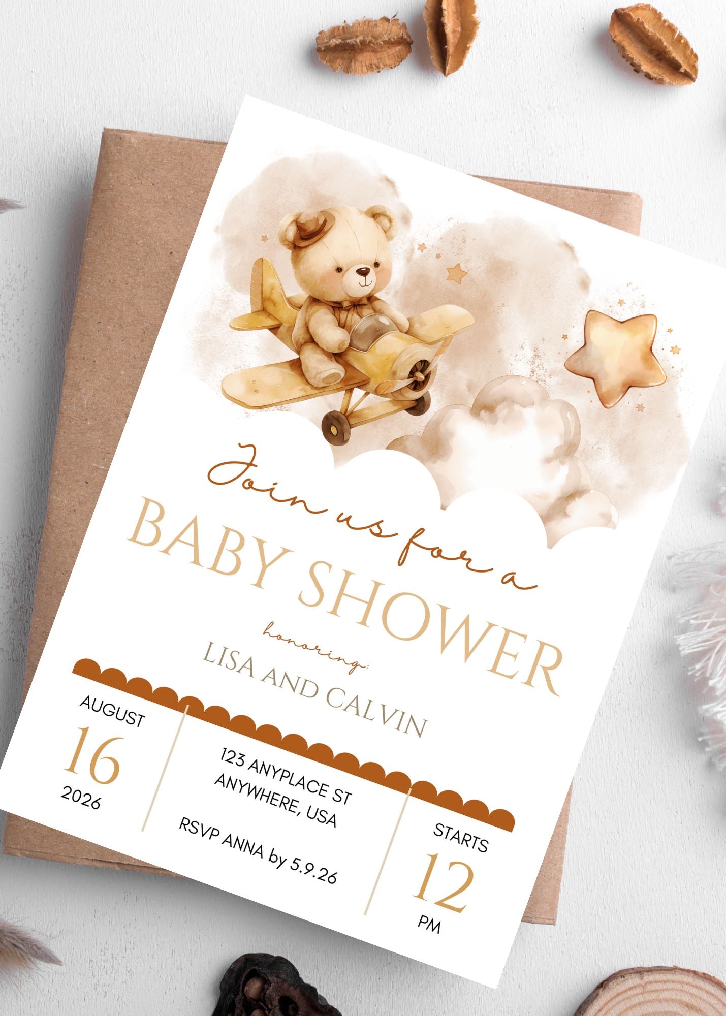 Boho Brown Bear Baby Shower Invitation