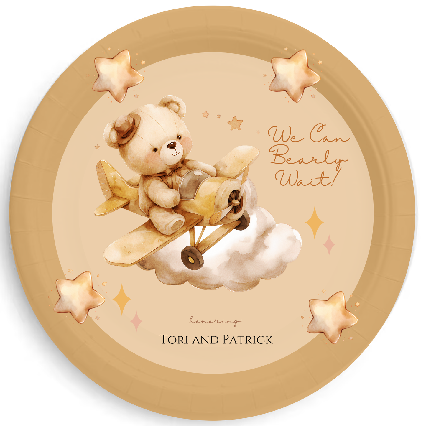 We Can Bearly Wait Boho Bear Personalized Baby Shower Plates – Teddy Bear Airplane Theme Party Plates, 7" or 9"