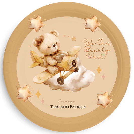 We Can Bearly Wait Boho Bear Personalized Baby Shower Plates – Teddy Bear Airplane Theme Party Plates, 7" or 9"