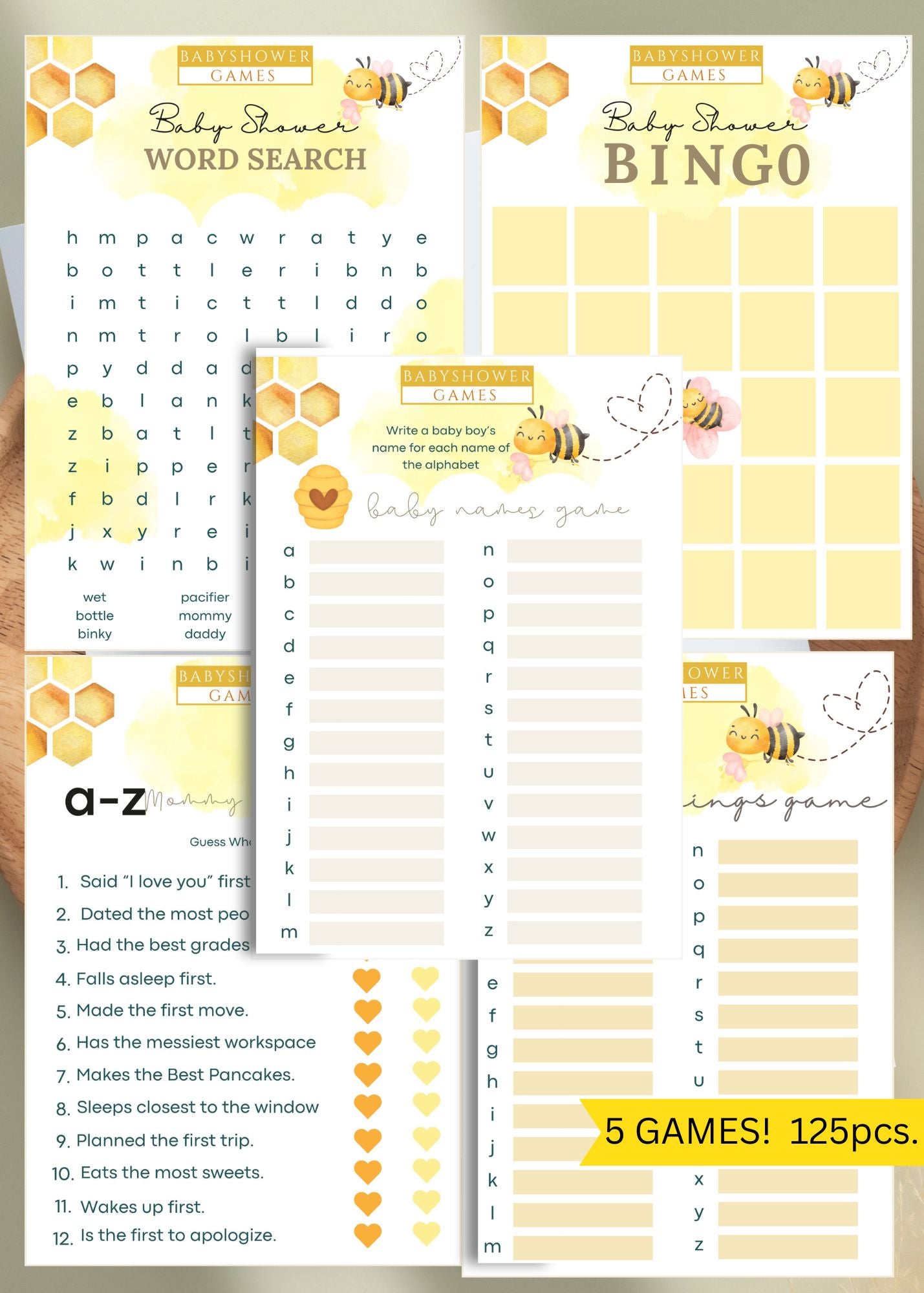 Buzzin’ to Meet You Baby Bee Baby Shower Game Bundle – 5 Bee Theme Baby Shower Games (5x7 Cards)