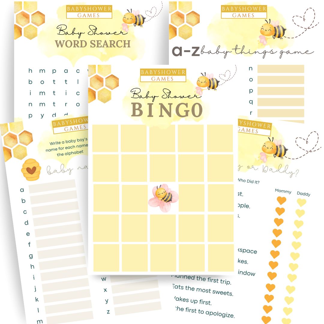 set of 5 bee-themed baby shower card games on a white background with baby shower bingo game centeredd