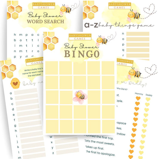 set of 5 bee-themed baby shower card games on a white background with baby shower bingo game centeredd