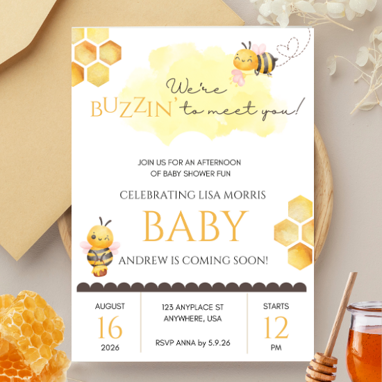 buzzin to meet you bee baby shower invitation on 5x7 white cardtock with images of baby bees and honeycombs