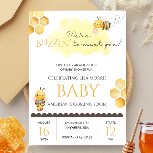 buzzin to meet you bee baby shower invitation on 5x7 white cardtock with images of baby bees and honeycombs